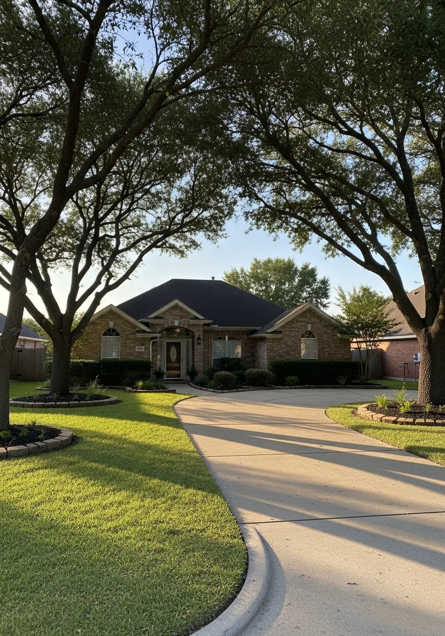 Modern suburban home with manicured lawn in Clear Lake neighborhood, mature trees framing the property.