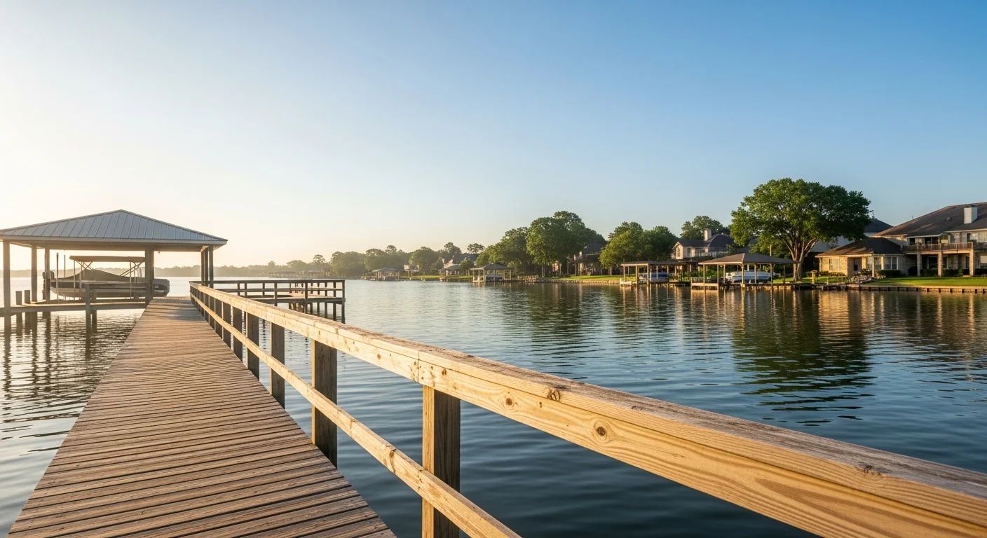 Waterfront home with dock on Clear Lake under blue sky, residential neighborhood visible in background.