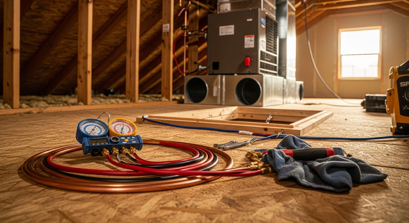 An HVAC technician from Excel Mechanical Service completing an air conditioning installation at a single-family home in Clear Lake, TX. The outdoor condenser unit is positioned on a concrete pad beside the house with refrigerant lines connected and secured.
