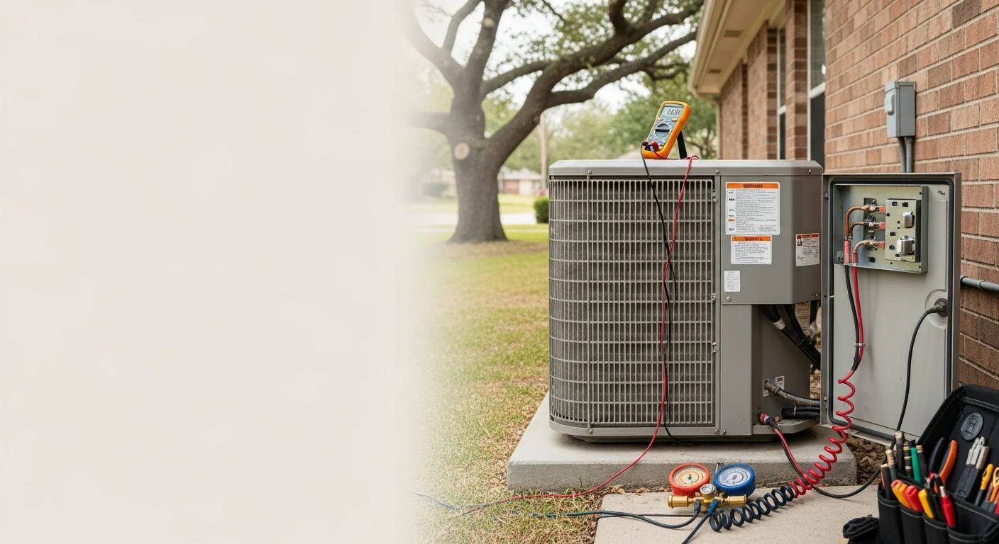 An Excel Mechanical Service technician inspecting an outdoor AC condenser unit at a residential home in Clear Lake, Texas. The technician checks electrical connections and coil condition during a scheduled air conditioning maintenance visit.