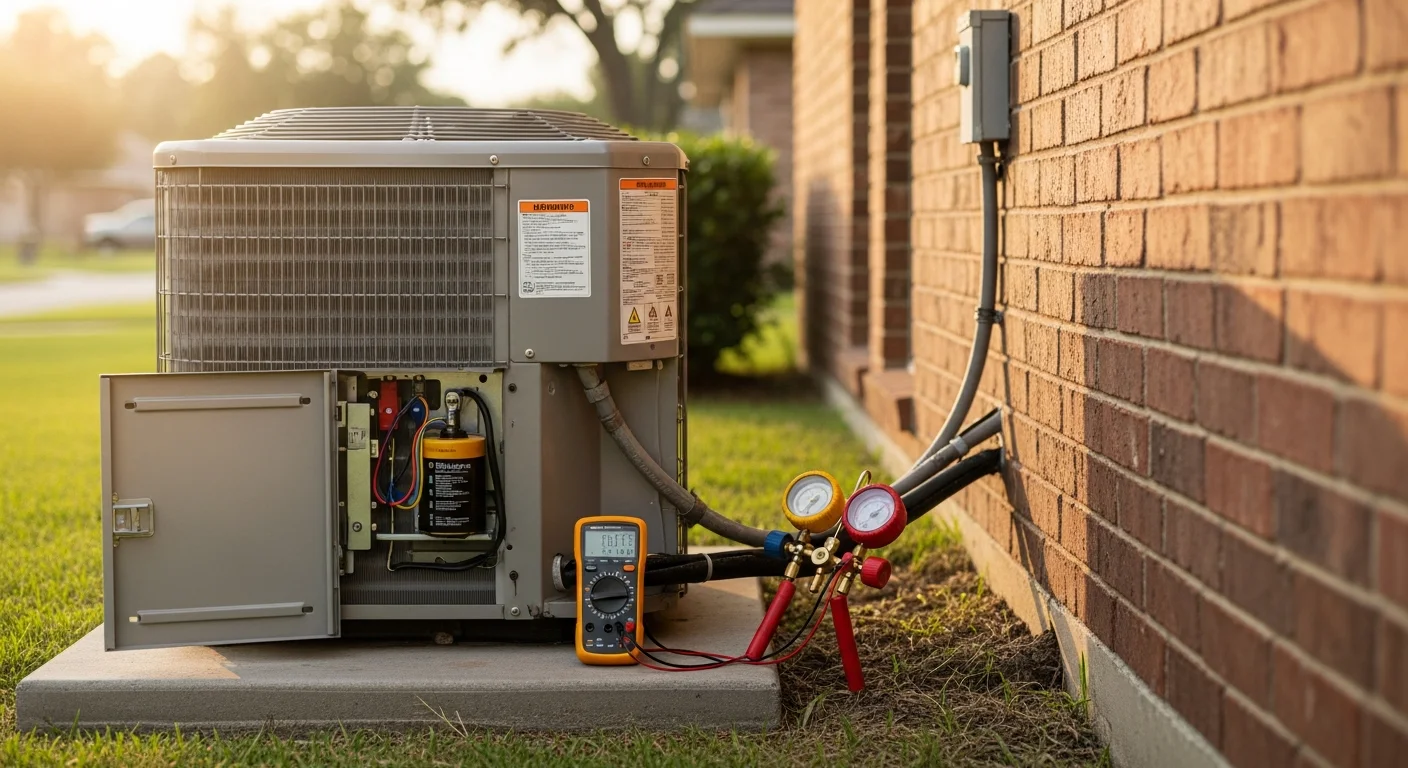 An Excel Mechanical Service technician inspecting an outdoor AC condenser unit at a single-family home in Clear Lake, TX. The technician checks internal components on a clear summer day with a residential street visible in the background.
