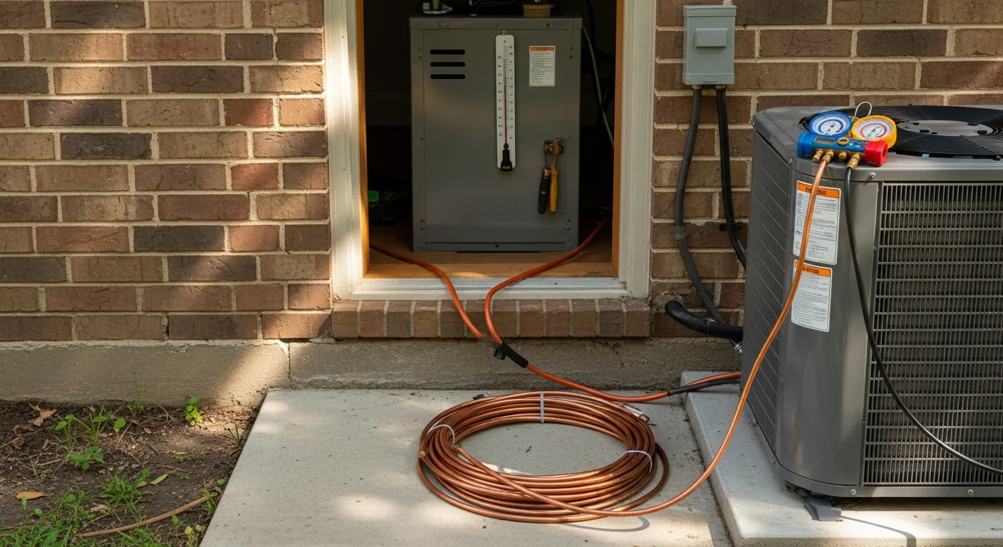 A new residential air conditioning condenser unit installed on the side of a single-family home in Clear Lake, Texas. A technician checks system connections during the final inspection after replacement.