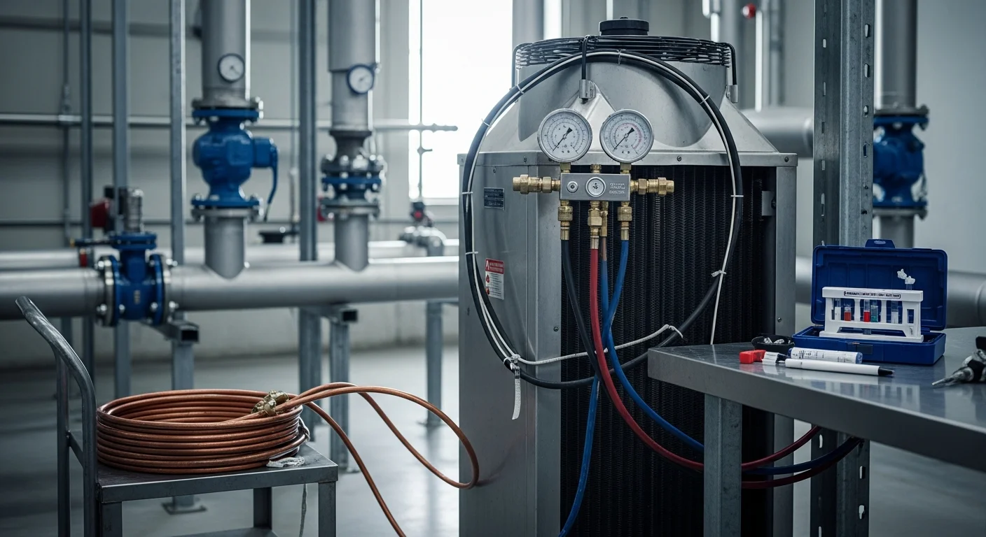 A commercial chilled water system with visible piping, pumps, and an air-cooled chiller unit installed at a commercial facility in Clear Lake, Texas. A technician from Excel Mechanical Service inspects the system components during a routine service visit.