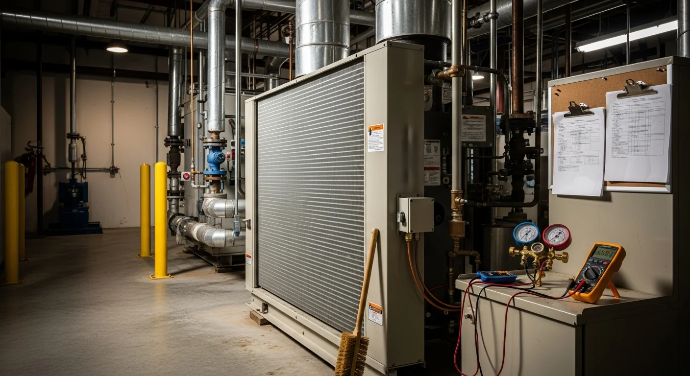 A commercial chiller unit at a Clear Lake facility being inspected by an Excel Mechanical Service technician checking coil condition and refrigerant connections. Close-up view of clean condenser coils and service gauges attached to the refrigerant lines during a routine maintenance visit.