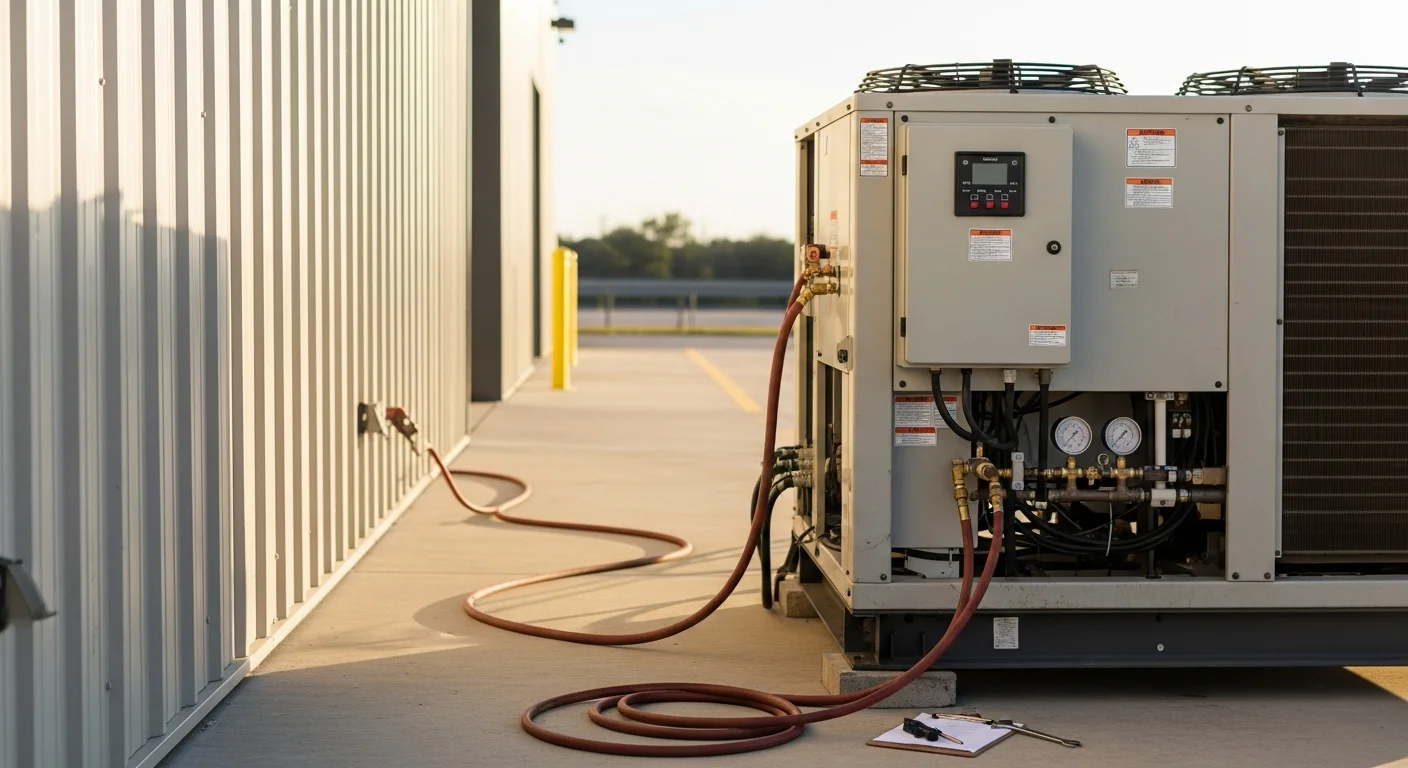 A temporary air-cooled rental chiller unit positioned outside a commercial building in Clear Lake, Texas, with supply and return lines connected to the facility's existing HVAC system.