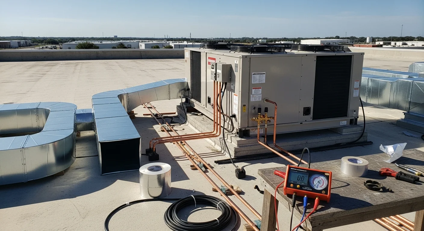 A licensed HVAC technician from Excel Mechanical Service completing a commercial rooftop unit installation on a Clear Lake, TX commercial building. The image shows the mounted equipment, connected ductwork, and a completed condensate drain line on a flat commercial roof.