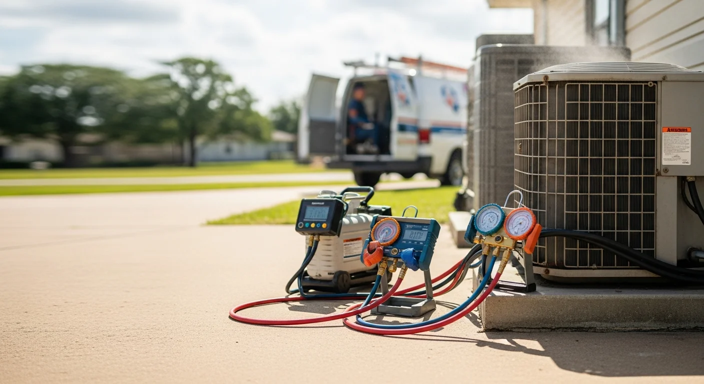 An Excel Mechanical Service technician inspecting an outdoor AC condenser unit at a single-family home in Clear Lake, TX. The technician uses diagnostic equipment to assess a cooling system failure during a hot, humid Texas summer day.