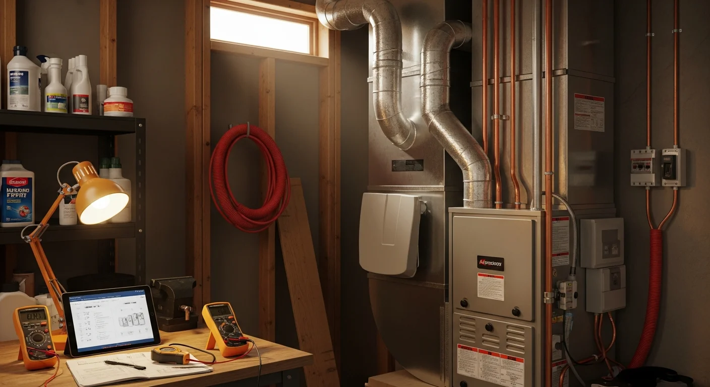 A newly installed furnace unit inside the mechanical room of a single-family home in Clear Lake, Texas. The system shows clean ductwork connections and a properly mounted unit ready for operation.
