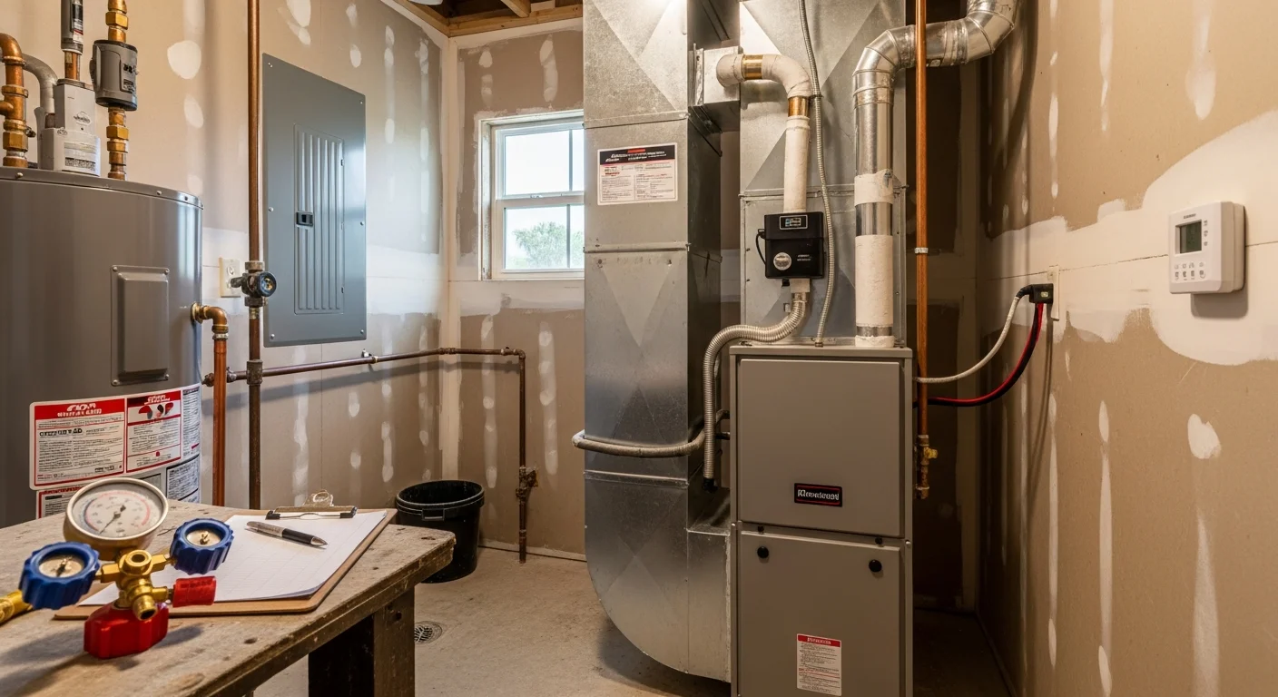 A newly installed furnace unit inside a Clear Lake, Texas home utility closet, with clean ductwork connections and a digital thermostat visible on the adjacent wall. An Excel Mechanical Service technician reviews the system settings after completing the replacement.