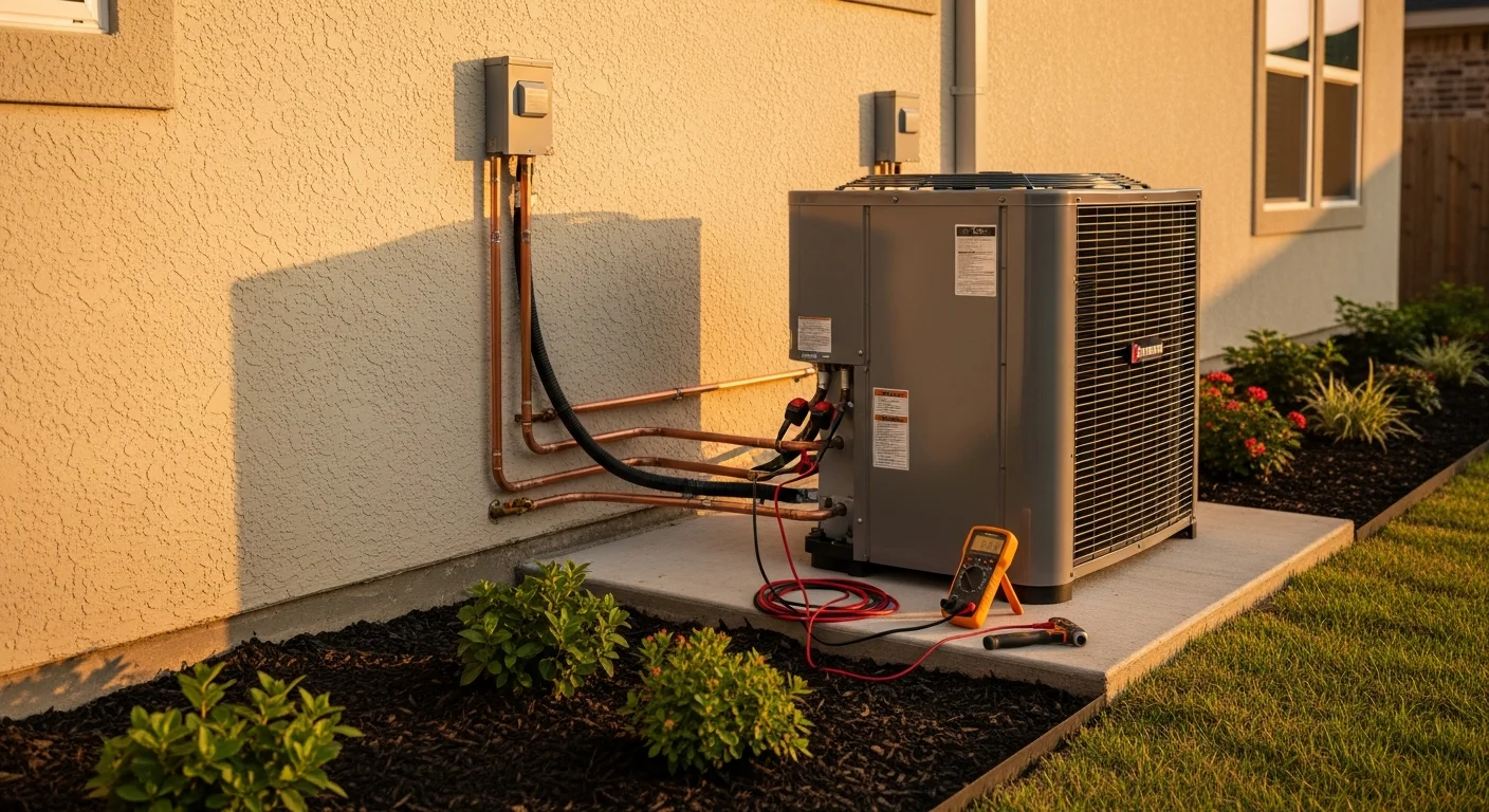 A newly installed heat pump outdoor unit secured beside a single-family home in Clear Lake, Texas, with the indoor air handler and thermostat visible inside. The installation shows clean refrigerant line connections and a level pad mount suited to the coastal Gulf Coast environment.