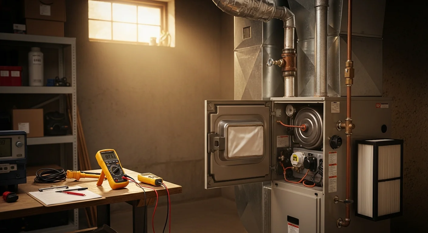 An Excel Mechanical Service technician inspecting and cleaning a residential heating system inside a Clear Lake, TX home. The technician checks the heat exchanger and burner assembly during an annual maintenance visit.