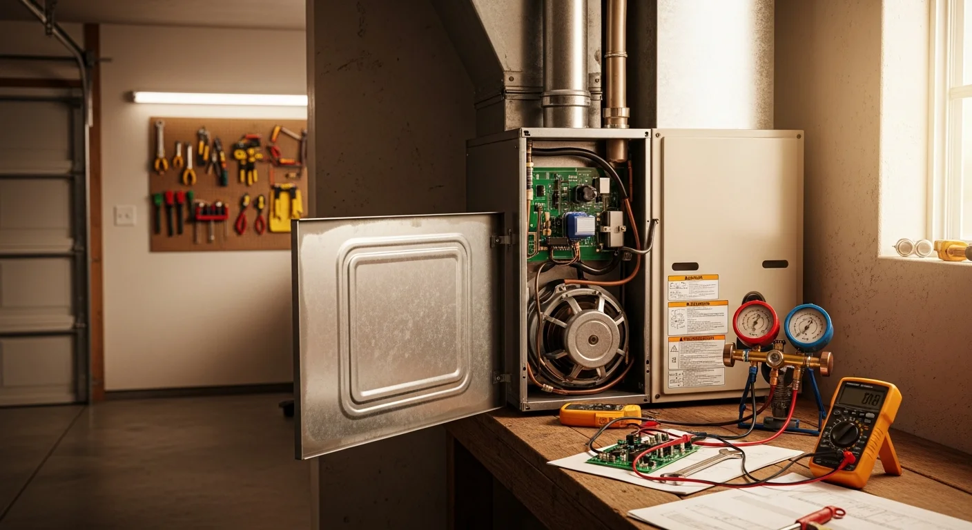 An Excel Mechanical Service technician inspecting the internal components of a residential furnace inside a Clear Lake, TX home. The technician is checking the heat exchanger with a diagnostic tool in a utility closet typical of the area's single-family housing.