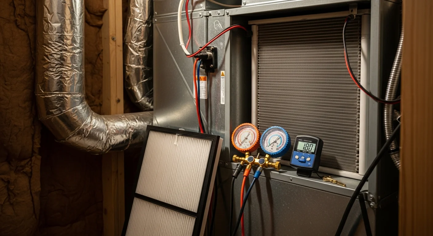 An Excel Mechanical Service HVAC technician inspecting and cleaning an outdoor AC condenser unit at a residential home in Clear Lake, TX. The unit sits alongside a single-family home with visible coastal vegetation, reflecting the humid Bay Area environment.
