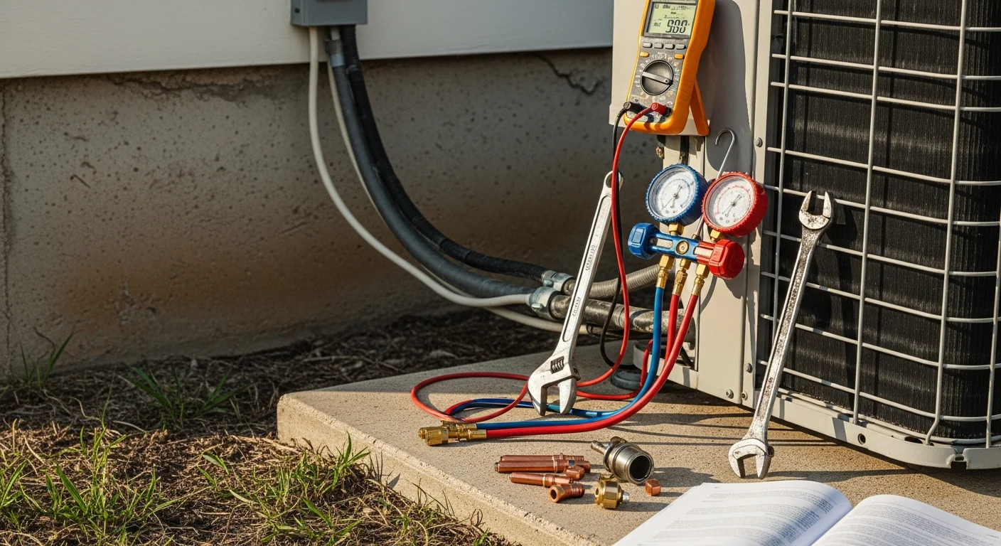 An Excel Mechanical Service HVAC technician inspecting an outdoor air conditioning unit at a single-family home in Clear Lake, TX. The technician checks components on a residential system with a suburban Clear Lake neighborhood visible in the background.