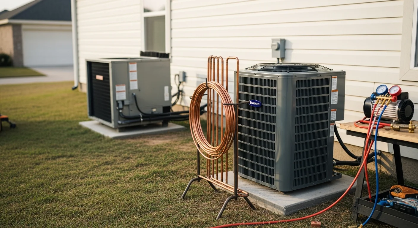 An Excel Mechanical Service technician installing a new HVAC system at a single-family home in Clear Lake, TX. The outdoor condenser unit is positioned on a concrete pad beside the house under a clear Texas sky.