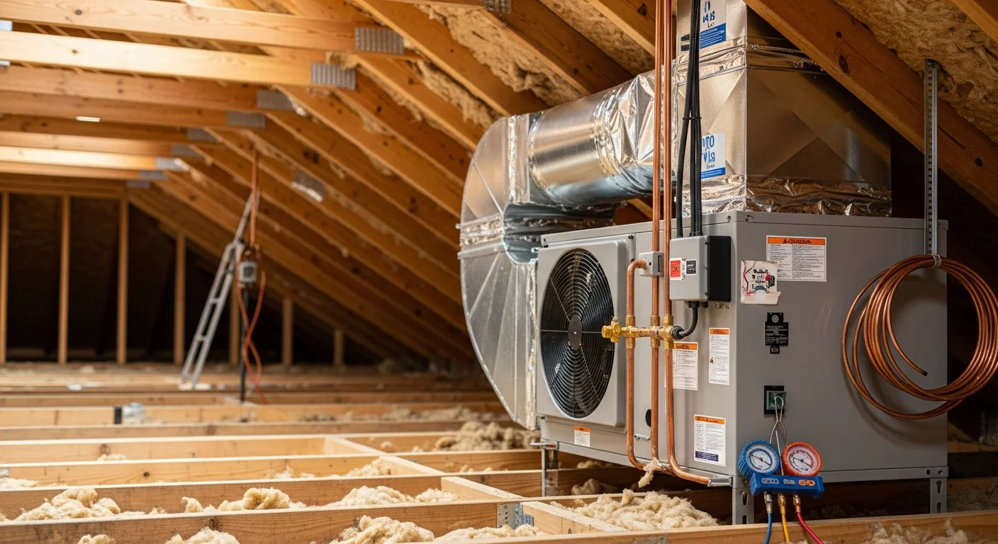 A newly installed residential HVAC outdoor condenser unit positioned beside a single-family home in Clear Lake, TX. A technician in a work uniform checks the system connections on a clear day.