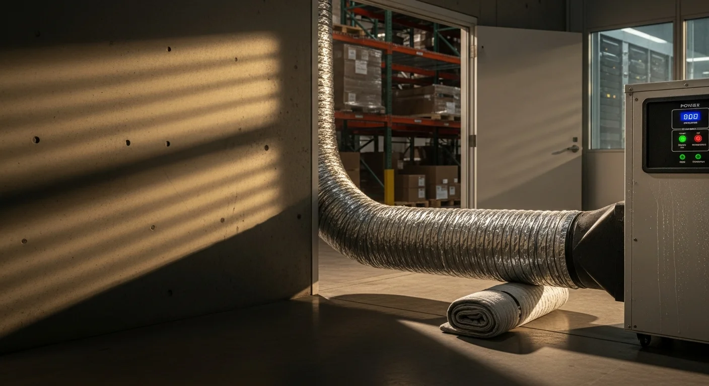 A portable industrial spot cooler unit positioned inside a commercial warehouse facility in Clear Lake, Texas, with ducting directed toward refrigeration storage shelving. The unit is operating as a temporary cooling solution while the facility's primary system is offline.